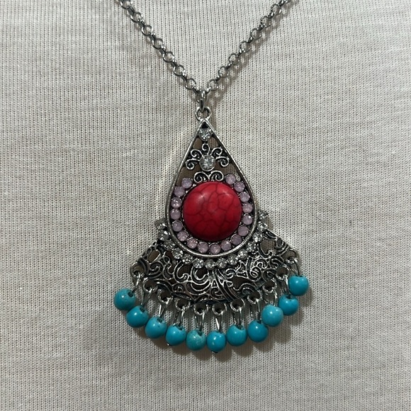 Teal and Red Moon Howlite Aztec Pendant with Rhinestones Necklace 22in - Picture 4 of 7